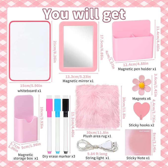 18 PCS Pink Locker Accessories Kit Back to School Locker Decorations Supplies for Girls Includes Whiteboard Mirror Organizer Markers Hook Rug String Lights Sticky Notes and Cute Flower Magnets