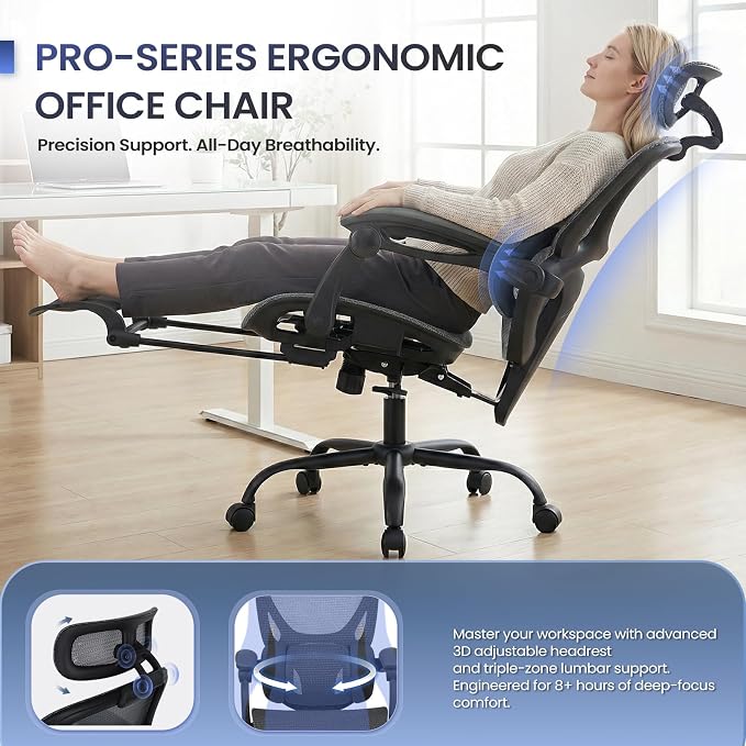 MALOL Ergonomic Mesh Office Chair with Footrest, Executive High Back Computer Desk Chair with 3D Adjustable Headrest & 5-Level Lumbar Support, Track Armrest, Tilt Lock, 300LBS, Grey