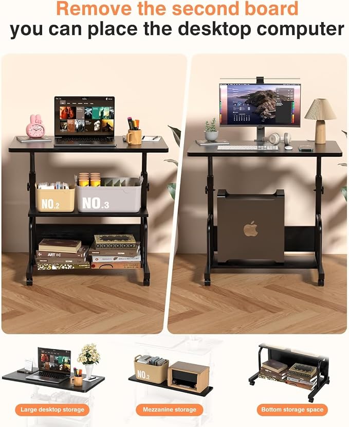 Simple Deluxe 31.5" Manual Standing Desk, Height Adjustable Mobile Computer Desk with Lockable Wheels & 2-Tier Storage, Rolling Laptop Table for Small Spaces & Home Office, Black