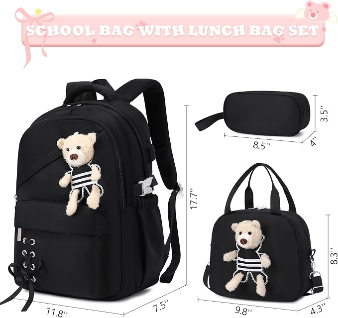 ACESAK School Backpack for Girls - 3 PCS Cute Girls Backpack with Lunch Box & Pencil Case - Kawaii Casual Kids Bookbag School Bag Daypacks Set for Elementary Middle High School Student Teens (Black)