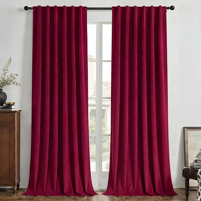 Joydeco Red 100% Blackout Curtains 108 Inch 2 Panels, Luxury Thermal Red Velvet Curtains for Bedroom Living Room, Soundproof Blackout Window Drapes, Rod Pocket & Back Tab (52W x 108L)
