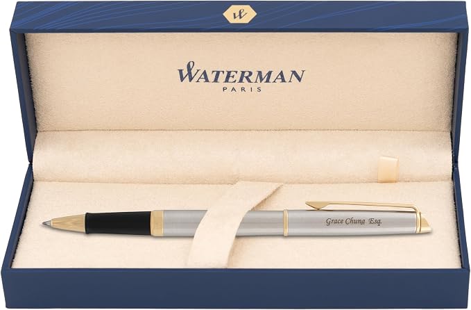 Waterman Hemisphere Engraved Rollerball Pen, Brushed Stainless with 23K Gold Trim, Fine Point, Tone-on-Tone Engraving, Personalized Gift for Executives, Retirement, Board Members, Career Advancement