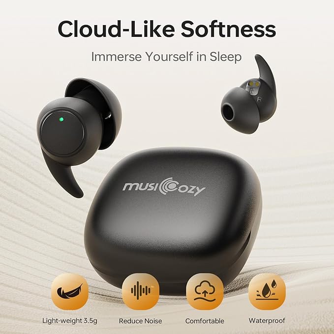 MUSICOZY Bluetooth 5.3 Sleep Earbuds, Wireless Sleep Headphones, Light-Weight Ear Buds for Sleeping, Silicone Ear Plugs for Snoring Blocking, Music Sleep Earplugs for Sleep Work Focus Travel