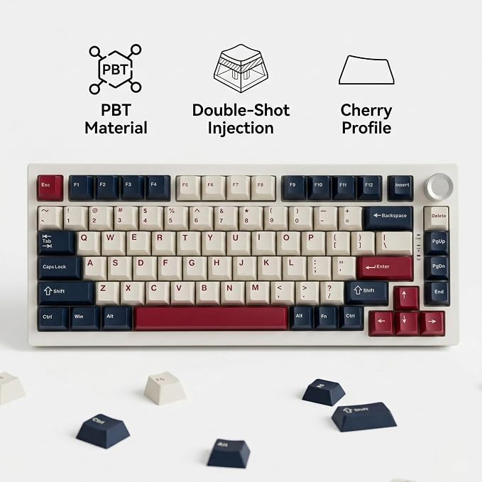 126 Keys Blue White Red Keycaps, PBT Double Shot Cherry Profile Keycap Set, Custom Mechanical Keyboard Keycaps for 60% 65% 75% 87% 100% ANSI Layout，Cherry Mx Switches