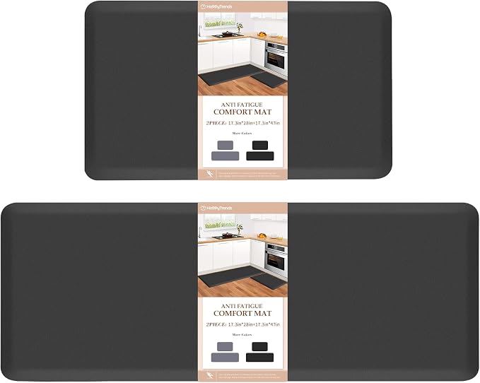 HappyTrends 2 PCS Kitchen Mat Cushioned Anti-Fatigue Floor Mat, Heavy Duty Ergonomic Comfort Foam Standing Mat, Waterproof Non-Slip Kitchen Rugs for Home, Office(17.3"x28"+17.3"x47",Black)