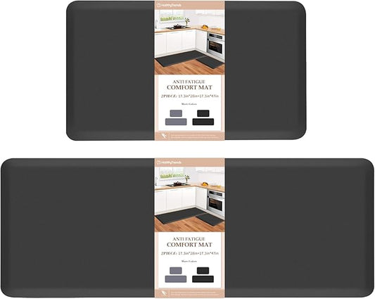 HappyTrends 2 PCS Kitchen Mat Cushioned Anti-Fatigue Floor Mat, Heavy Duty Ergonomic Comfort Foam Standing Mat, Waterproof Non-Slip Kitchen Rugs for Home, Office(17.3"x28"+17.3"x47",Black)