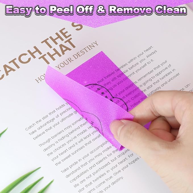 Transparent Sticky Notes 600 Sheets, Frosted Glitter Stardust Purple 3x3 Inch, High Glass-Like Clear Seee Through Post Self-Adhesive Notes for Women Office School Teacher Planer Bible Supplies 12 Pads