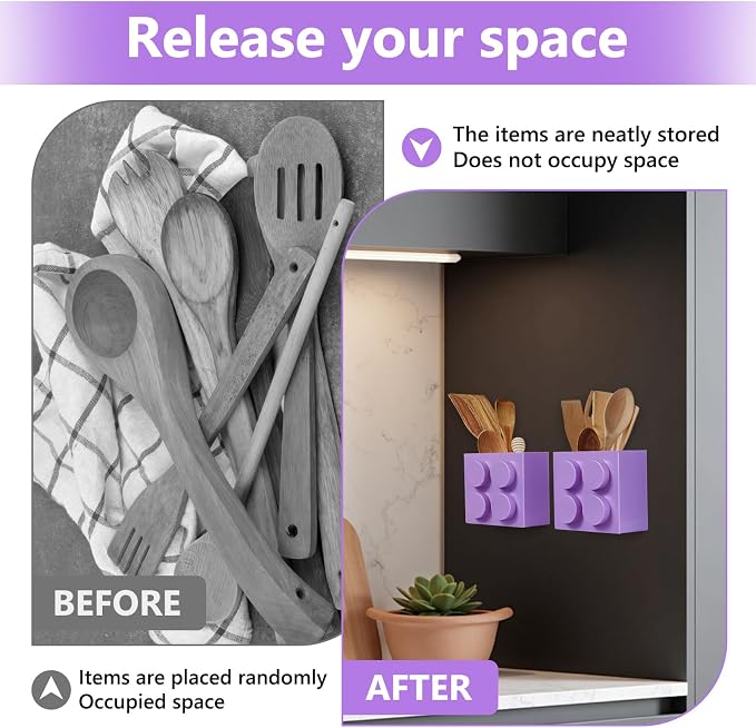 Magnetic Basket Organizer for Fridge - Lego-Style ABS Plastic Storage Box,No Drill Design for Kitchen Counter, Microwave & Whiteboard, Holds Up to 3.5 lbs (Light Purple)