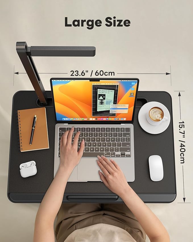 Laptop Table with LED Desk Light, SAIJI Laptop Stand for Bed, Height Adjustments Bed Desk with Book Stand for Reading Writing Drawing (Black)