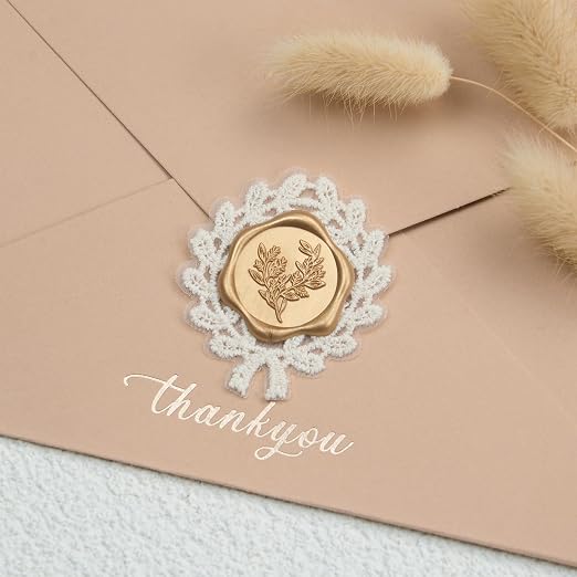 UNIQOOO Wax Seal Stickers with Lace Border- Vintage-Style Eucalyptus Botanical Wedding Invitation Envelope Seals, 50Pcs Self-Adhesive Light Gold Wax Stickers, Perfect for Invitations & Gift Wrapping