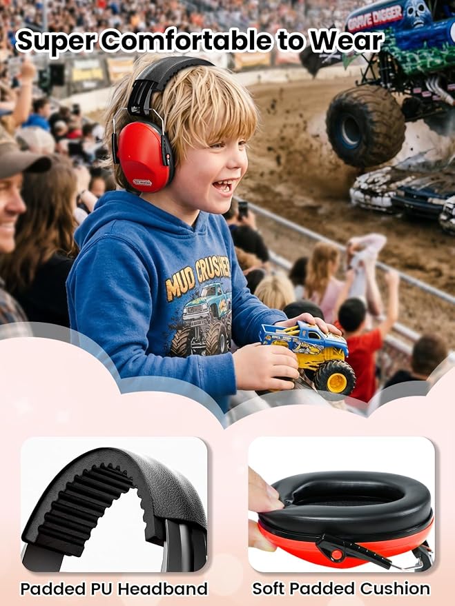 Dr.meter Ear Muffs for Noise Reduction: SNR27.4 Noise Cancelling Headphones for Kids with Adjustable Headband - Noise Cancelling Ear Muffs for Monster Jam, Football Game, Fireworks and Air Shows - Red