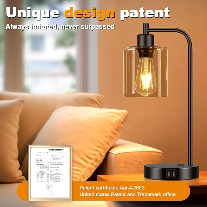 Set of 2 Industrial Touch Control Table Lamps with 2 USB Ports and AC Outlet - 3-Way Dimmable Black Bedside Lamp Nightstand Desk Lamps for Bedroom Living Room, Amber Glass Shade & 2 LED Bulbs Included
