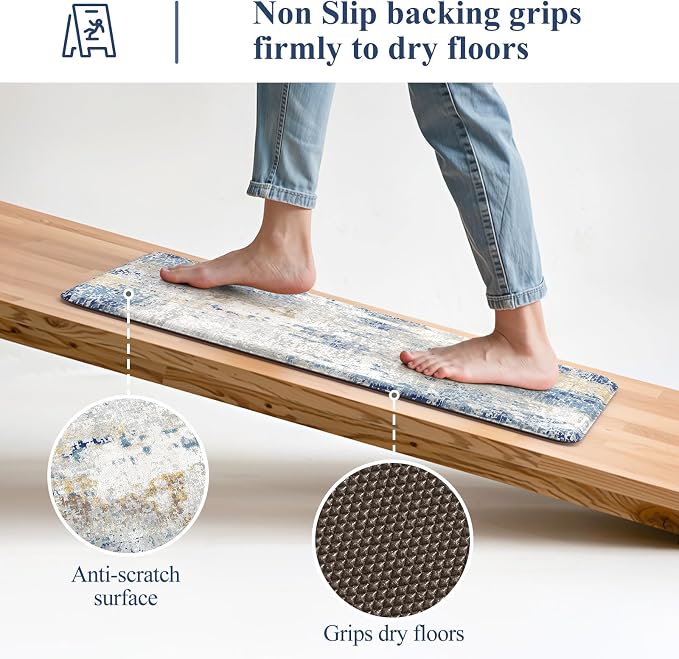 LEEVAN Anti Fatigue Kitchen Mats for Floor, Non-Slip Cushioned Kitchen Rugs | 20"x31", Modern Abstract Blue Thick Memory Foam Kitchen Rugs, Waterproof Ergonomic Standing Mats for Laundry, Office & Sink