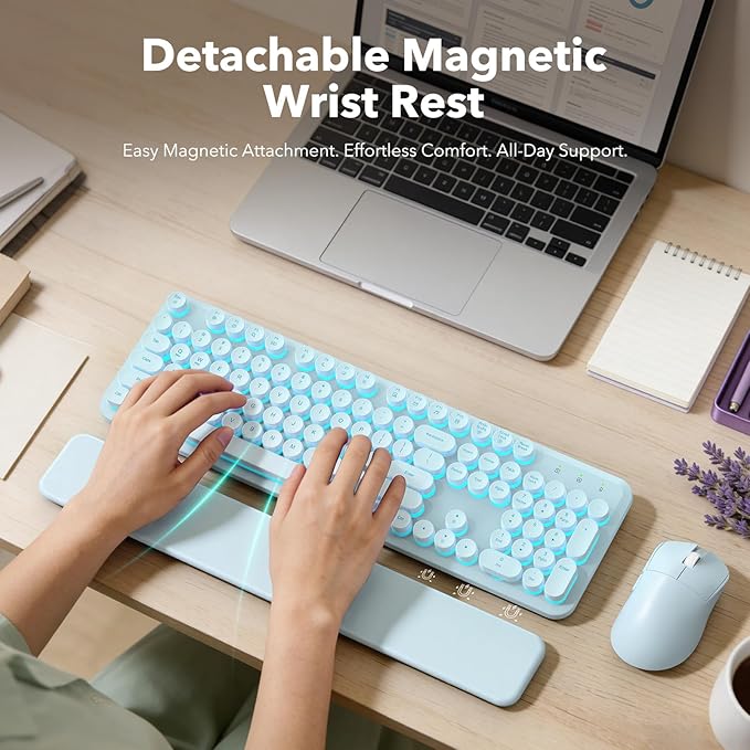 Wireless Keyboard and Mouse Combo, Backlit Round Keycaps, Retro Typewriter Keyboard with Detachable Wrist Rest, Rechargeable & Tilt Legs, 2.4GHz Cordless Connection for Windows/PC (Glowing Blue)