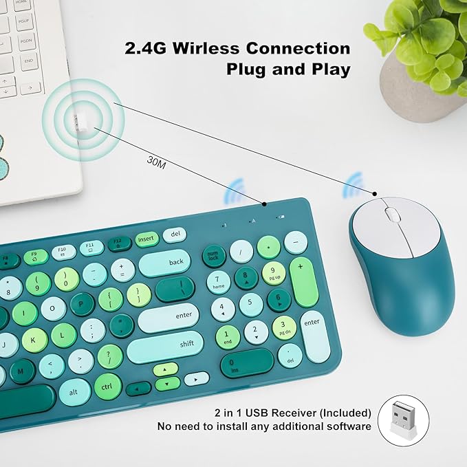 Wireless Keyboard and Mouse Combo, Retro Typewriter Keyboard with Round Keycaps, 2.4GHz USB Cute Wireless Keyboard Mouse for Computer, Desktop (Green)