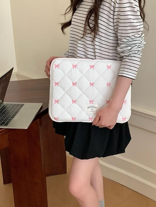 Puffy Laptop Sleeve 13-15.6 Inch Cute Quilted Laptop Protective Case Padded Floral Computer Sleeve for MacBook (Bow, 13 Inch)