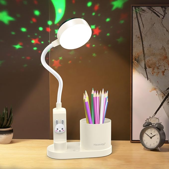 Cute Desk Lamp for Home Office, Touch Small Table Light for Kids | Eye-Care Dimmable Bedside Reading Light, Flexible Gooseneck, Star Projector Night Light with Pen Holder for College Dorm