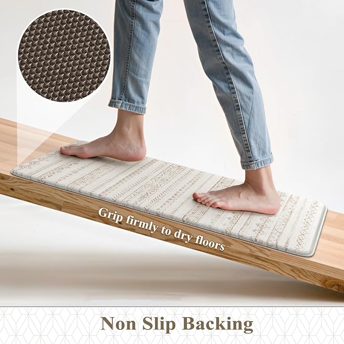 KIMODE Kitchen Mats Cushioned Anti Fatigue, Farmhouse Kitchen Rugs Sets of 2, Memory Foam Kitchen Mats for Floor, Waterproof Standing Mat for Kitchen Decor Laundry Office Desk Khaki 17"x47"+17"x29"