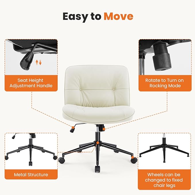Sweetcrispy Armless-Office Desk Chair with Wheels, Cross Legged Wide Chair, PU Leather Comfortable Adjustable Swivel Computer Task Chairs for Home,Office,Make Up,Small Space,Bed Room Light Beige