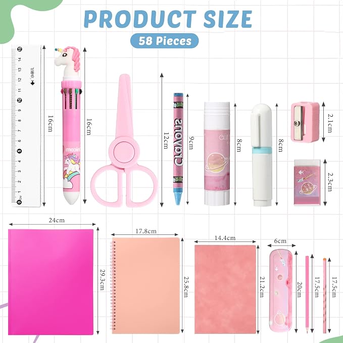 Sabary 58 Pcs Back to School Supply Bundle Kit for Girls Grades K-12, Essentials Box of Supplies Bundle, School Classroom Essentials Include Folders Notebook Pencil Pen Ruler Scissor and More(Pink)