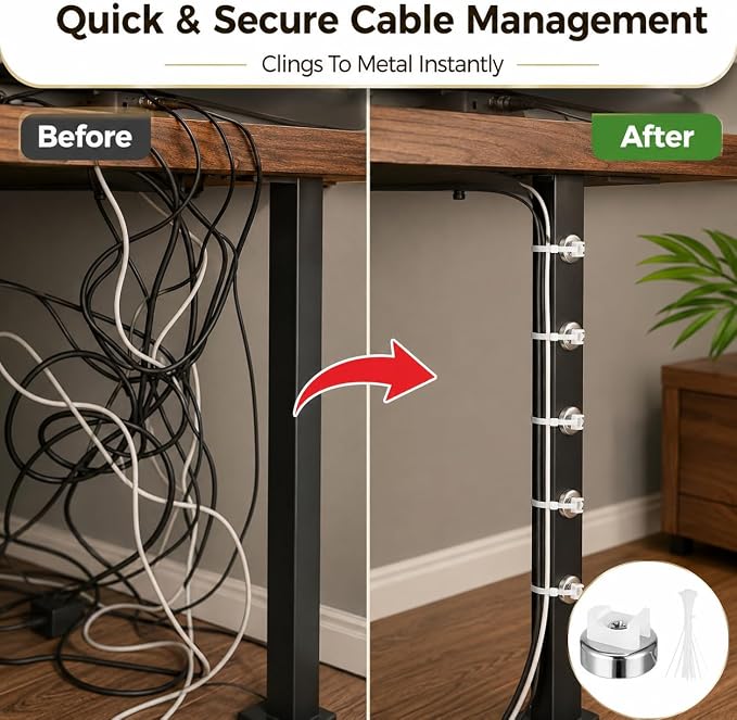 Magnetic Cable Zip Tie Mounts Kit, 30 Pcs Holders with 100 Pcs Cable Ties, Heavy-Duty Magnetic Wire Management for Desk, Office, Home, Automotive, Marine, Multipurpose Cable Clips Organizers, Silver