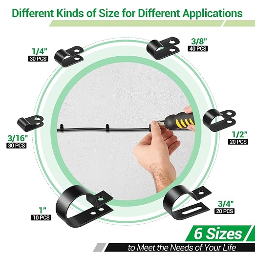 300PCS Nylon R-Type Cable Clips for Cable Management with M4 Screw, 6 Sizes | Good Ductility, Fireproof, 6 Sizes (3/16'' 1/4'' 3/8'' 1/2'' 3/4'' 1''), 150pcs M4 Black Screws, for TV/PC/AC Cables & Wires