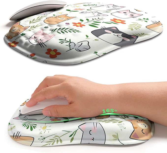 Hokafenle Ergonomic Wrist-Hugging Mouse Pad Wrist Support, U-Shaped Holding Wrist Rest Mousepad for Carpal Tunnel Pain Relief with Cushioned Memory Foam Slope Massage Bulge (10.2x8.3 in,Cute Cat)