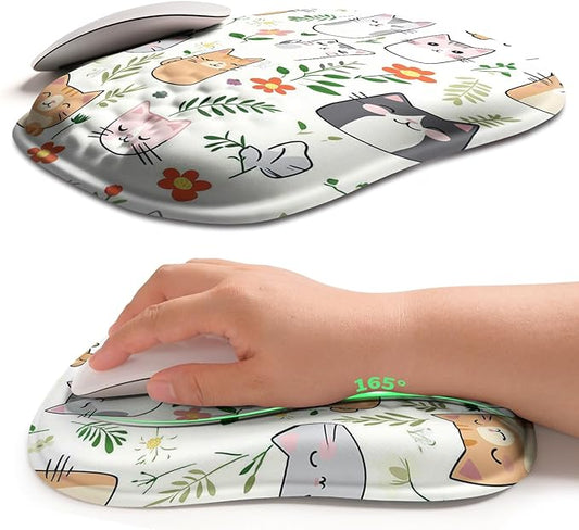 Hokafenle Ergonomic Wrist-Hugging Mouse Pad Wrist Support, U-Shaped Holding Wrist Rest Mousepad for Carpal Tunnel Pain Relief with Cushioned Memory Foam Slope Massage Bulge (10.2x8.3 in,Cute Cat)