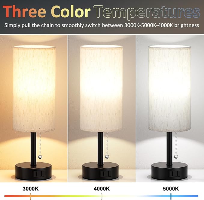 Fenmzee Bedside Table Lamps Set of 2-3 Color Temperatures Pull Chain Lamp with AC Outlet Charging Port, Small Round Night Stand Lamps for Bedroom Guest Room Office, Bed Side Light with E26 LED Bulbs