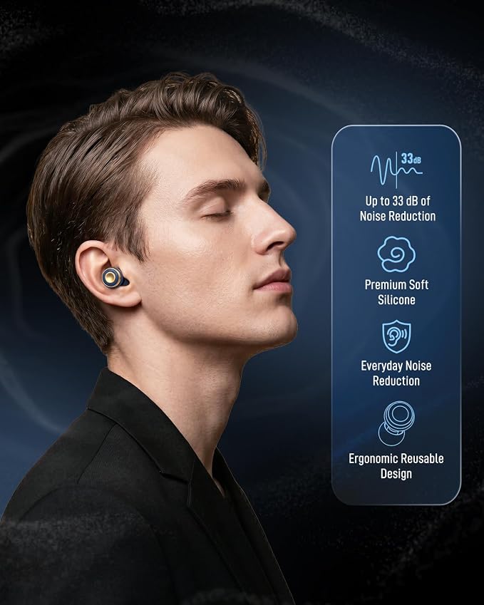 Reusable Earplugs for Focus, Travel & Work, Up to 33dB Noise Reducing Silicone Ear Plugs with 4 Sizes, Secure Fit, Portable Snap-Closure Case for Flights, Study, Commute Reading