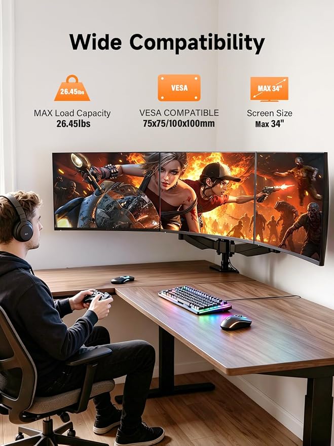 Bracwiser Triple Monitor Mount for 17 to 34 inch Screens, Holds up to 26.45lb, Adjustable Triple Monitors Stand for Desk with Tilt, Swivel, Rotation, Clamp & Grommet Kit, VESA 75/100mm, Black, MDX003P