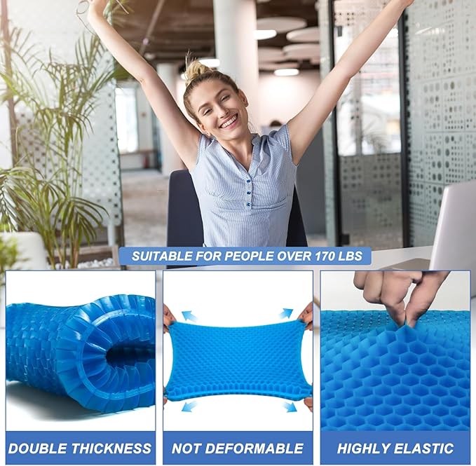 Gel Seat Cushion for Long Sitting - 18" x 16" x 2.4" (Extra Thick＆Soft) | Gel Cushion for People Over 200 lbs, Pressure Relief Cushion for Office Chair, Egg Cushions for Wheelchair, Gel Pad for Car