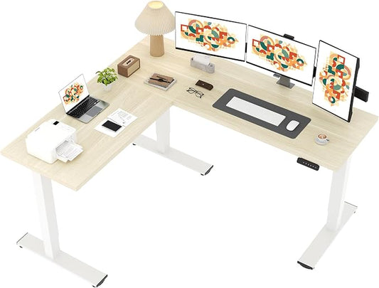 SANODESK L Shaped Standing Desk Adjustable Height, Electric Corner Standing Desk, 71 x 63 inch Sit Stand Computer Table with Splice Board, Maple