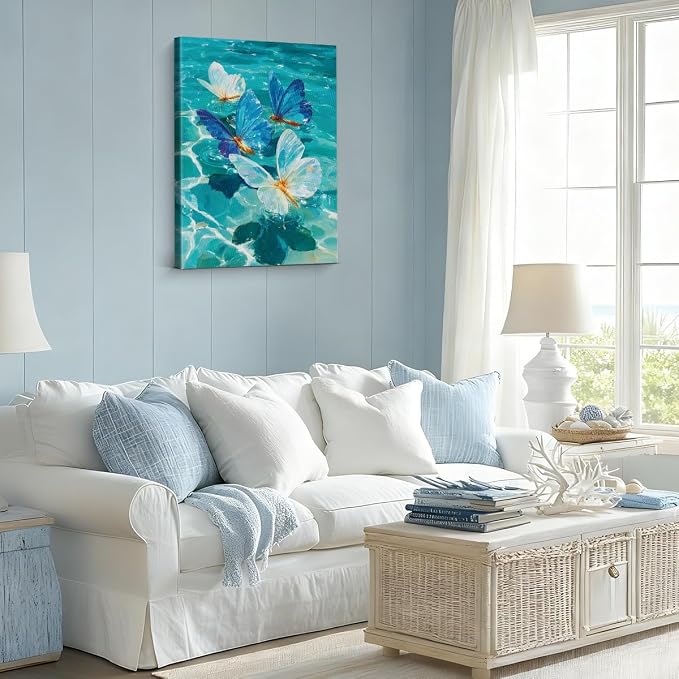 Coastal Ocean Butterfly Wall Art Decor Blue Beach Sea Picture Painting Artwork Blue Butterflies Wall Decor for Home Beach Room Bedroom 8x10 Canvas Framed