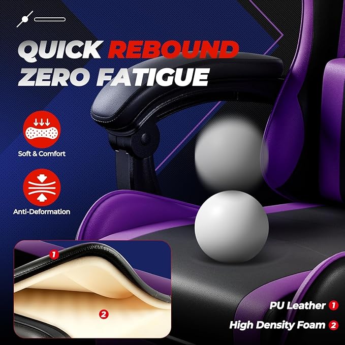 Auto Dynasty Ergonomic Gaming Chair, High-Back Office Chair w/Adjustable Lumbar Support, Linkage Armrest, Headrest & Footrest, 350LBS Recliner Swivel Computer Game Racing Chair, Purple/Black