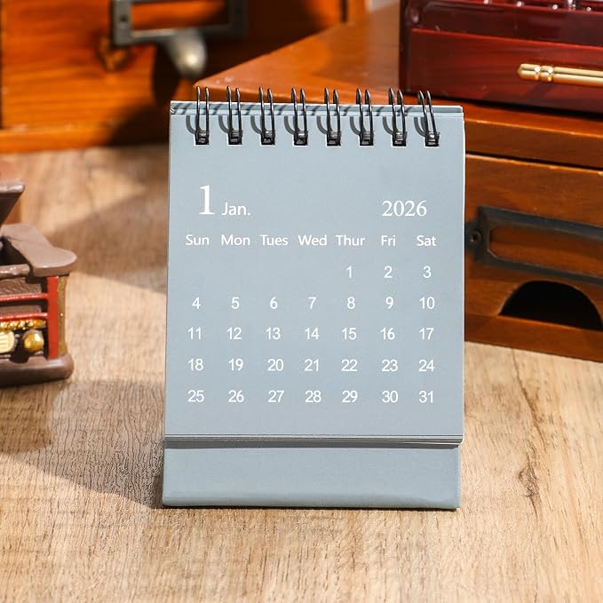 Mini Desk Calendar 2026-2027 - Runs From January 2026 until June 2027 Small Desktop Calendar Thick Paper Twin-Wire Binding with Stickers for Home Office School (Mini Grey)