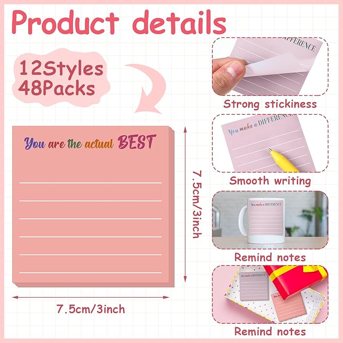 Yinder 48 Pcs Inspirational Sticky Notes Thank You Gift Motivational Sticky Note Pad Employee Appreciation Gift Bulk for Staff Coworker Teacher Nurse Office Groups 3 x 3'' (Appreciation,Aesthetics)