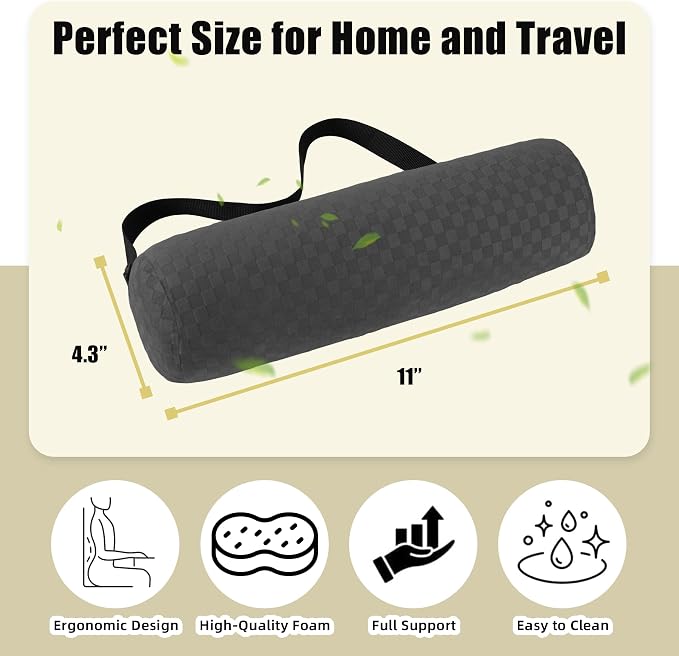 Coeyese Lumbar Roll Pillow for Lower Back Support, Dark Grey, 11 * 4.3'' | Removable Pillowcase, Upgraded Adjustable Strap, Suitable for Office, Chair, Car, Seat Pain Relief & Improving Posture