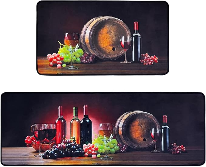 Voanos Kitchen Rugs,Non Skid Washable Microfiber mats for Kitchen Floor,3D Wine Kitchen Cushioned Runner Rug Decor Sets of 2,Size 17"x 47"+17"x 30"
