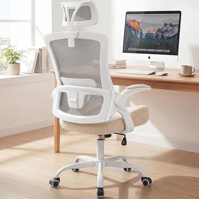 NEO CHAIR Office Chair High Back Desk Mesh Chair Comfy Computer Gaming Seat with Adjustable Ergonomic Headrest Lumbar Rolling Flip-up Armrests and Wheels (Beige)