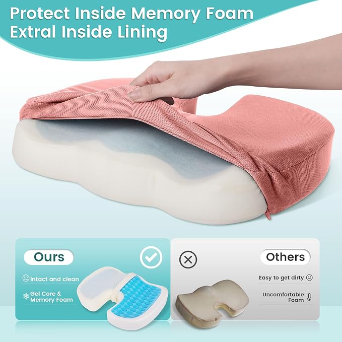 Office Chair Seat Cushion, Cooling Gel Enhanced Memory Foam Cushion for Long Sitting - Back, Sciatica, Coccyx, Tailbone Pain Relief Pillow - for Office, Gaming, Car, Wheelchair - Pink, X-Large