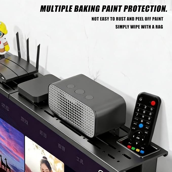 QIUNI 2 Pieces Steel Floating TV Top Shelves with Storage Boxes, 17.7 Inch No Drilling Screen Stand for Apple TV, Soundbar, Router, Switch, DVD, Remote Control