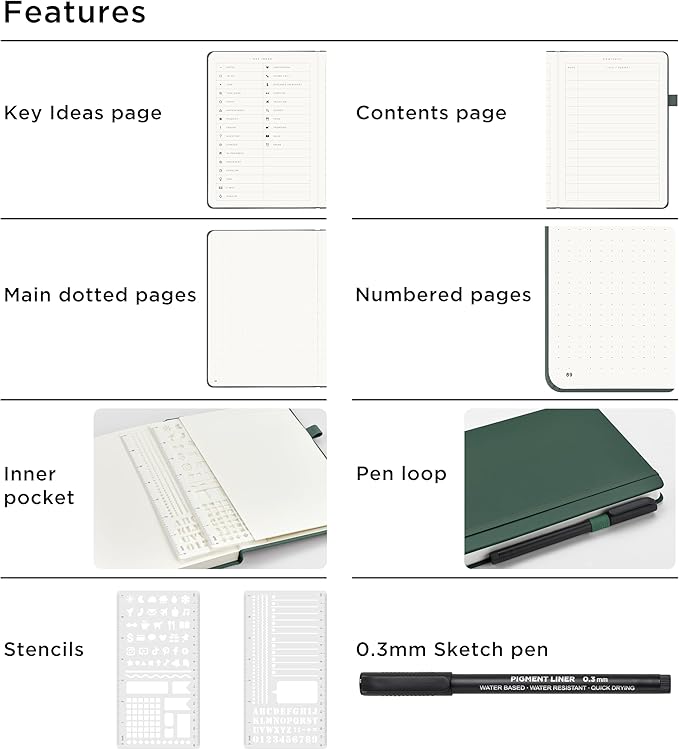 &And Per Se A5 Hardcover Dotted Notebook Kit for Beginners – 176 Numbered Pages, 100gsm Thick Paper, Includes Stencils & Fineliner Pen | Leather Bullet Journal with Templates, Lay Flat Design, Premium Gift for Women Men (Green)