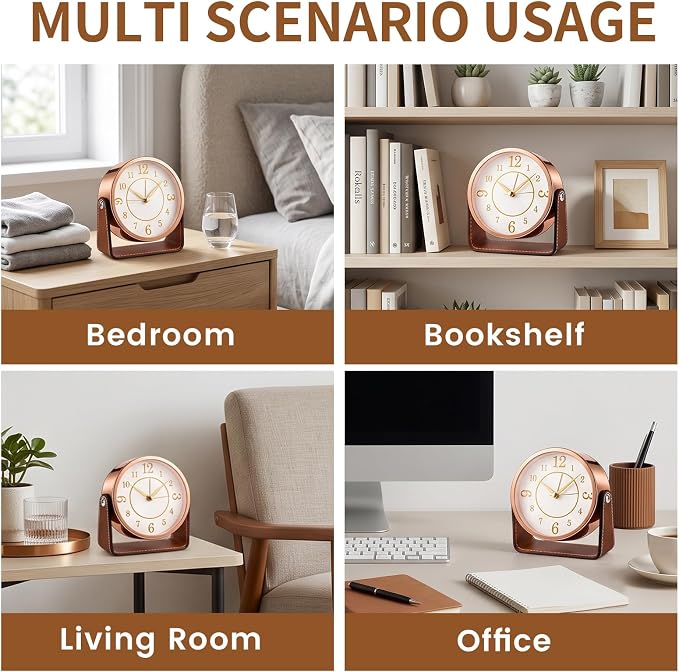 Analog Alarm Clock - 4.5" Silent Non Ticking Small Clock with Light, Rotatable Stand Metal Desk Clock Battery Operated, Simple Design for Living Room Decor/ Bedroom/Bedside/Shelf (Rose Gold & Brown)