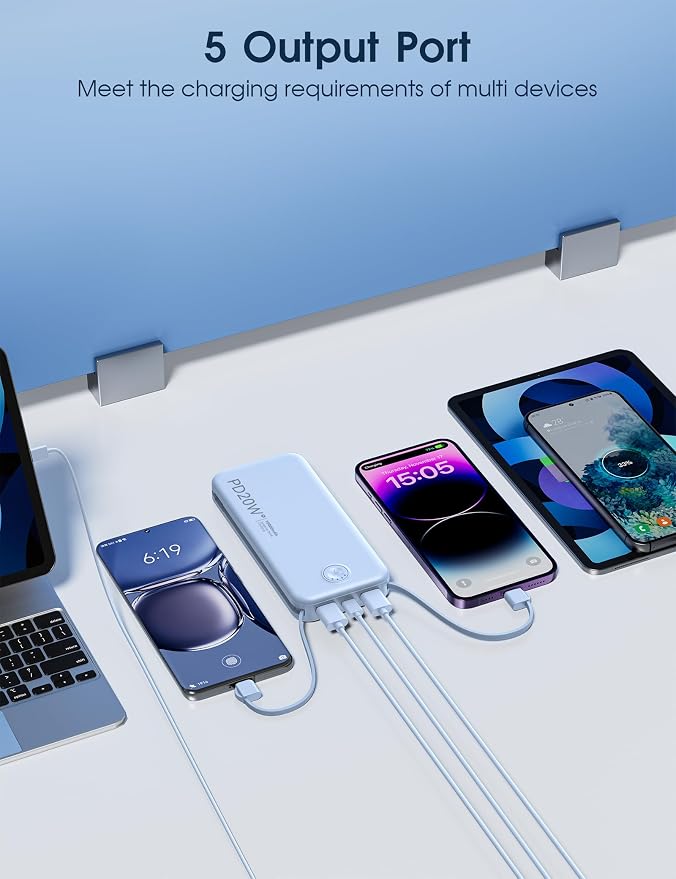 Nusyddy Portable Charger 10000mAh PD20W w/Built-in Cables & Wall Plug Blue | PD20W Fast Charging, Battery Indicator, Pass Through Charging, TSA Approved, Compact/Slim, Power Bank for iPhone/iPad/Samsung