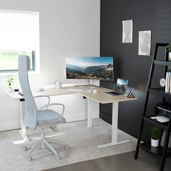 VIVO Corner Standing Desk, 63 x 55 inch Reversible L-Shaped Workstation, Electric Height Adjustment, Home, Office, and Reception Rooms, Light Wood Table Top White Frame, DESK-E3CTC