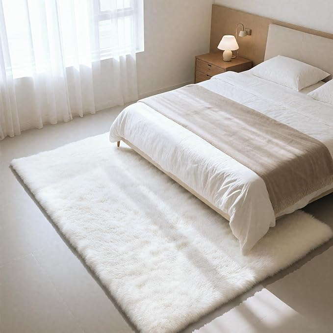 Fluffy Rug Shag Area Rug, White 3x5 Area Rugs for Bedroom, Small Bedside Rug, Soft Fluffy Shag Entryway Throw Rugs for Living Room Bedroom Room Home Decor