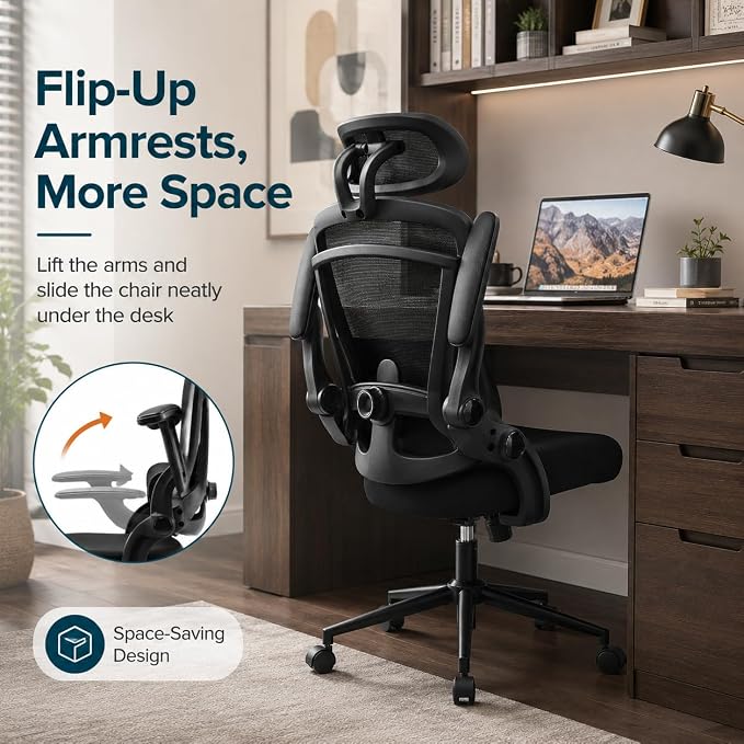 Ergonomic Office Chair, Home Office Desk Chairs with Adjustable Lumbar Support and Headrest, High Back Mesh Computer Desk Chair with 3D Flip-up Armrests & 360° Swivel Wheels, 275 LBS