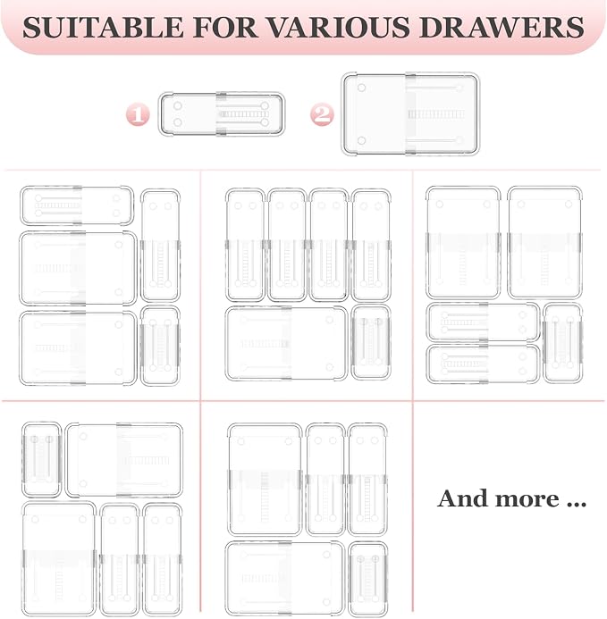 DILIBRA 12 Pcs Clear Extendable Drawer Organizer, Adjustable Drawer Storage | 2-Size Desk Drawer Organizer, Plastic Non-Slip Storage Bins for Makeup Cosmetic Jewelries Utensils Stationery Dressers Tool