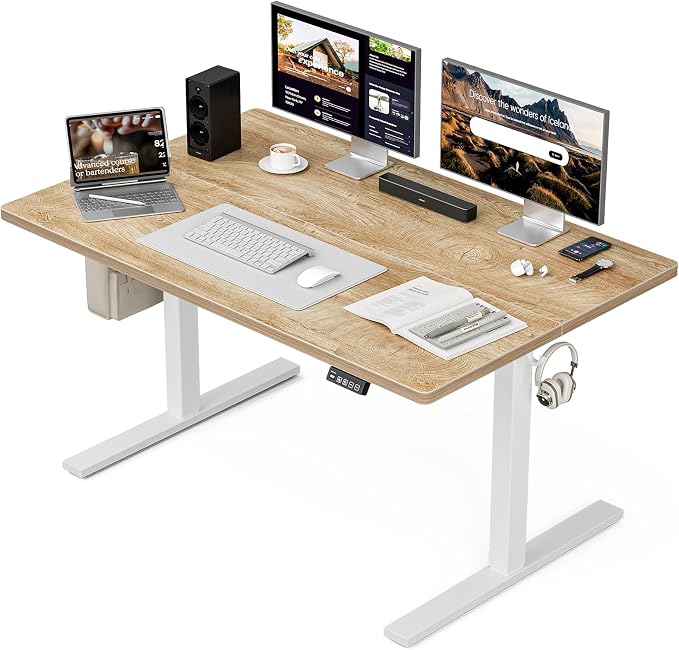 Grandder 47x32 Large Electric Standing Desk, Height Adjustable Computer Desk with 2 Memory Presets, 31.5" Deep Desktop Sit Stand Desk Home Office Desk Workstation Table with Hooks, Oak